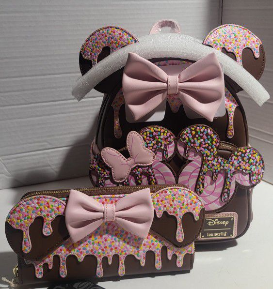Loungefly Disney Minnie Mouse Chocolate Lollipop Ears Backpack And Wallet Included Exclusive New With Tags 