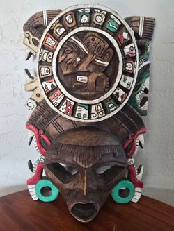 Hand-Carved Mayan Calendar Wooden Mask