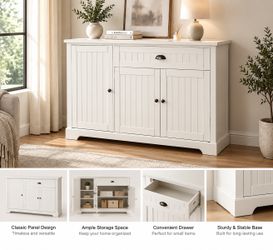 White Farmhouse Storage Cabinet with Drawer – Modern Sideboard / Buffet Cabinet
