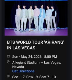 BTS Arirang Las Vegas Tickets 05/24, 4 Tickets