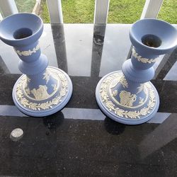 Vintage Wedgwood  Blue Jasperware Candle Holders 