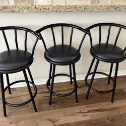 $50 - Set of 3 Black 360° Swivel Metal Bar Stools – Padded Seats – Counter Height
