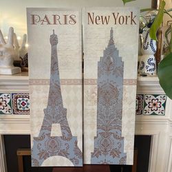 Paris & New York Canvas Wall Art Set | Eiffel Tower & Empire State | 12" x 36" Pair
