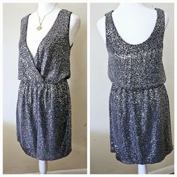 Size Small Express Silver Sequined Shiny Glimmery Open V Neck Front Short Women's Sleeveless Summer Evening Cocktail Party Dress. 93% Nylon, 4% Spande