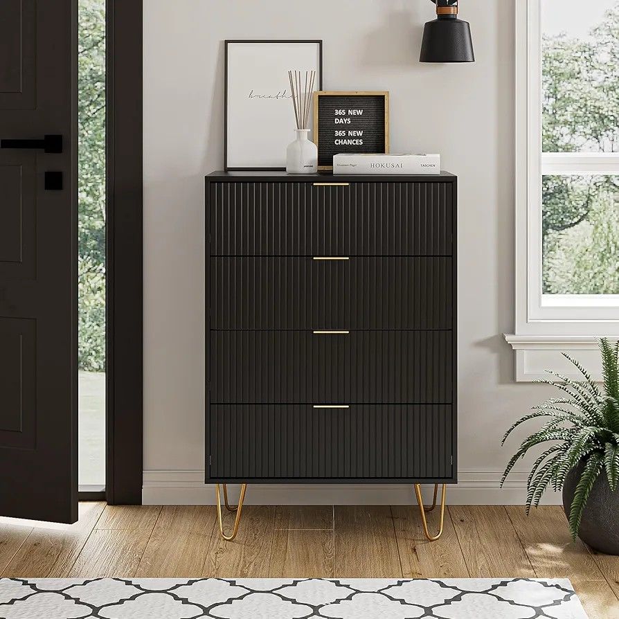 4 Drawer Dresser, Drawer Chest, Tall Storage Dresser Chest Cabinet Organizer Unit with Metal Legs, Small Dresser for Bedroom, Living Room, Closet, Hal