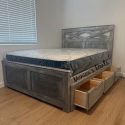 Queen Solid Wood Bed With 3 Drawers And Mattress $740
