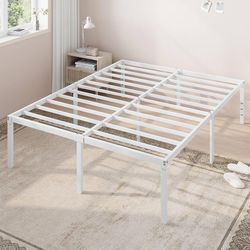 Queen Bed Frame, 18 Inch Metal Beds with Storage Space, White Heavy-Duty Metal Platform Beds, Large Under-Bed Storage Space, No Box Spring Needed, Eas