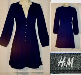 Vtg Y2K H&M Navy Blue Plunge Neck Empire Waist Long Sleeve Mini Dress Sz 2