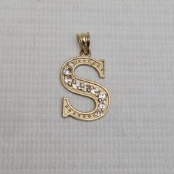 10K Solid Yellow Real Gold Block Initial  Letter S Charm Pendant w Diamonds 