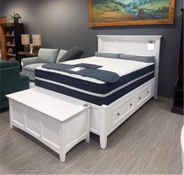 White Solid Wood Bed Frame With Storage Drawers - New Traditions 