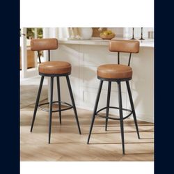 Bar Stools Set of 2, Swivel Bar Height Bar Stools with Back, Synthetic Leather with Stitching, Mid-Century Modern, 30-Inch T
