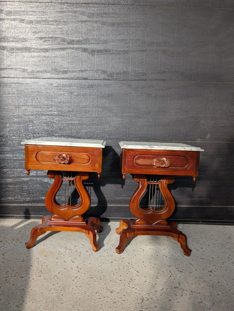 Antique 1940s Italian hand Carved Rose Side Table Nightstands With Drawers Mahogany