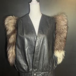 Vintage Luxury Leather Vest wth Genuine Raccoon Fur Sleeves–High-End European