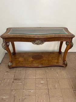 Ornate Wood Console Table with Glass Top