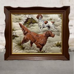 Vintage 1960’s Framed Stuffed Fabric Hunting Dogs Wall Art 26.5” x 20.5”