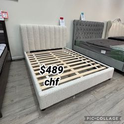 White Boucle Fabric Queen Size Bed Frame 
