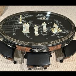 Shiny Black Lacquer Oriental Coffee Table, Inlaid Pearl with Six Stools and Glass Top
