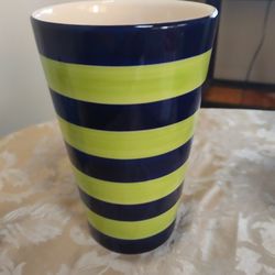 BLUE & LIME GREEN CERAMIC STRIPPED VASE OR PLANTER