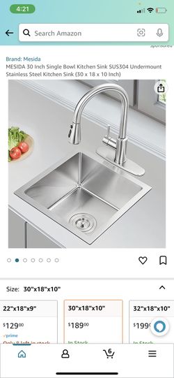 MESIDA 30 Inch Single Bowl Kitchen Sink SUS304 Undermount Stainless Steel Kitchen Sink (30 x 18 x 10 Inch)