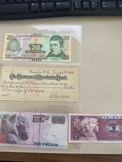 25 foreign bank notes. Bonus 120 year old cashiers check!