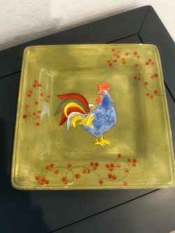Platter with hand painted rooster design 10” x 10”