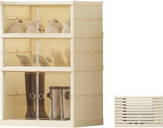3Tier Foldable Shoe Rack Organizer for Closet,6Pairs Collapsible Plastic Shoe Shelf,Large Shoes Cabinet with Door,Clear Stackable Storage Box Easy Ass