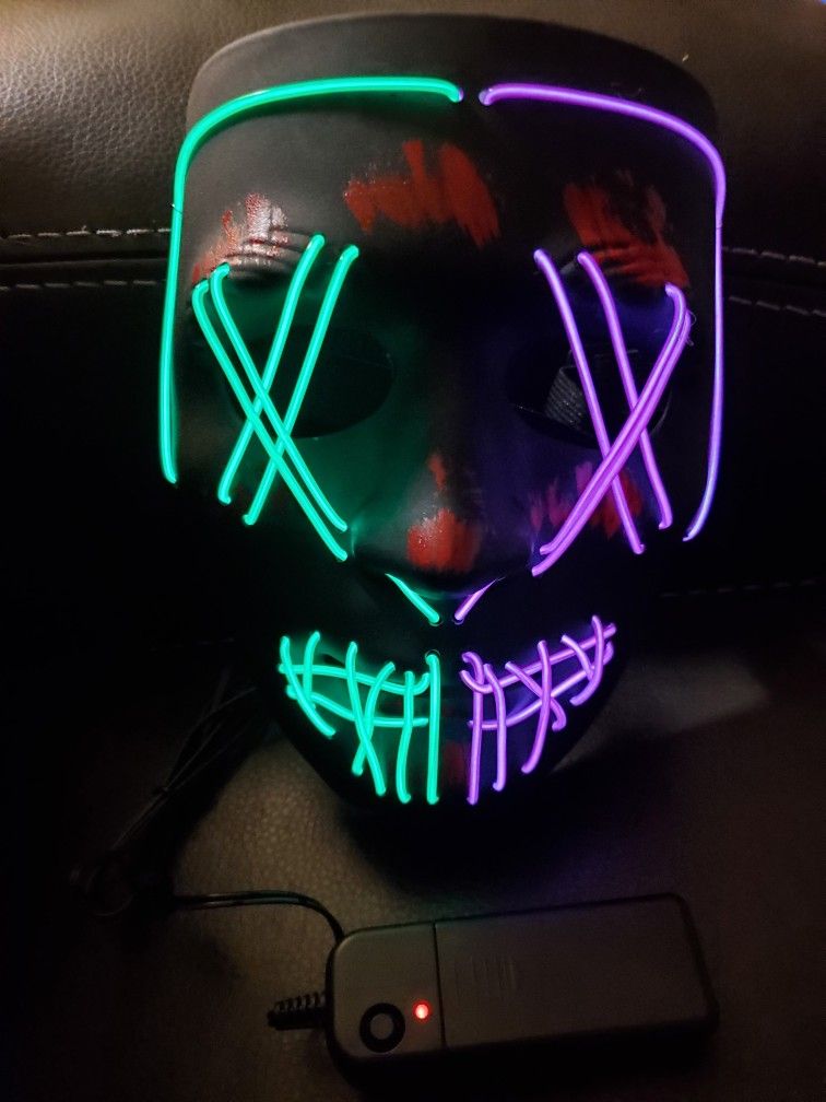 New Light Up LED Halloween Face Mask Green/Purple 3 Speeds