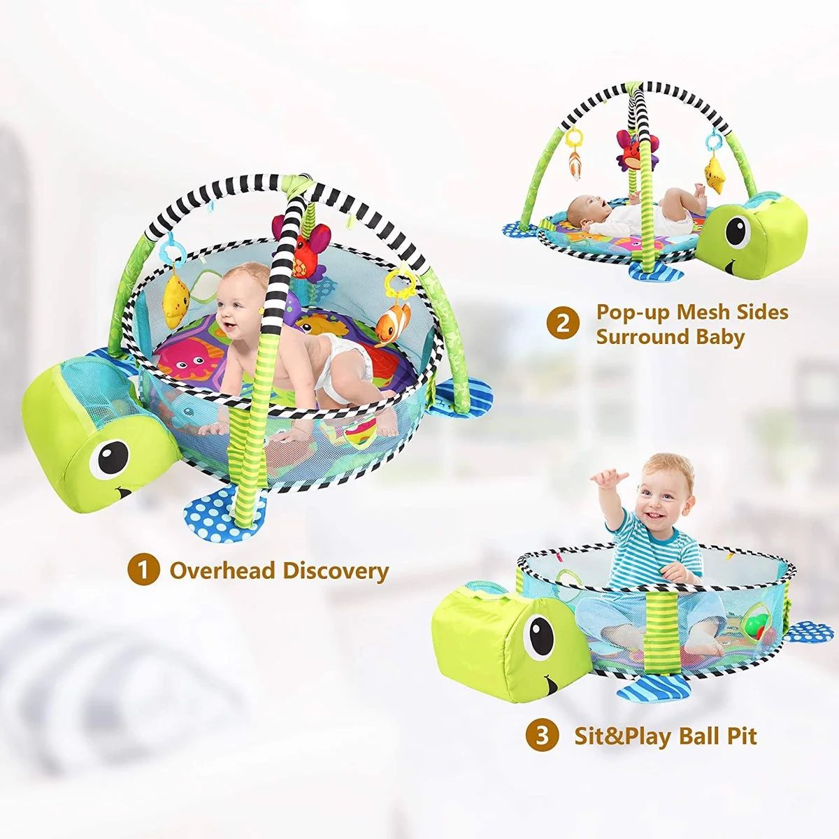 3-in-1 Cartoon Baby Infant Activity Gym Turtle Play mat & Ball Pit with 30 Balls and 4 Linkable Toys