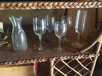 Wine glasses and champagne flute with wine carafe
