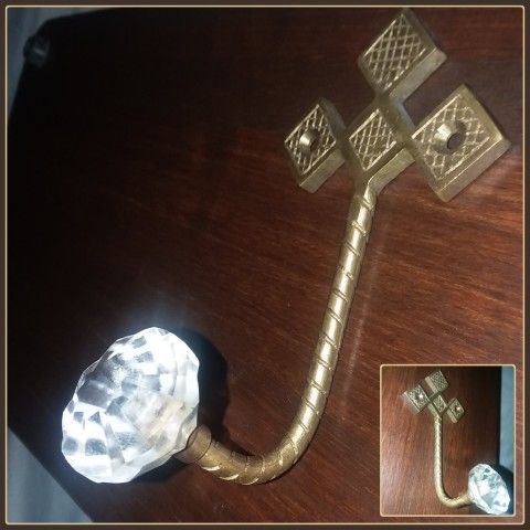 VINTAGE SOLID BRASS ORNATE VICTORIAN MID CENTURY HOLLYWOOD REGENCY CRYSTAL WALL HAT COAT CLOTHES HOOK DECOR HANGER
