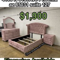 Queen Size Bedroom Set Pink Velvet Include Bed Frame Dresser Mirror And Nigstand Brand New