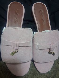 Pink Suede Slide Mules with Gold Charm