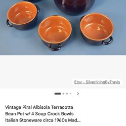 Vintage Piral Albisola Terracotta Bean Pot w/ 4 Soup Crock Bowls Italian Stoneware circa 1960s Mad...