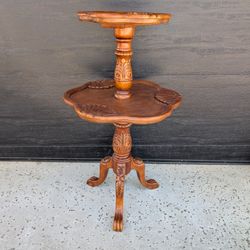 Beautiful Two-Tiered Solid Wood Carved Mahogany Dumbwaiter Table