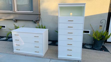 2 White Dressers with Gold Hardware