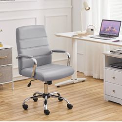 Mid-Back Office Chair with Arms Swivel PU Leather Height Adjustable Office Executive Chair, Light Gray