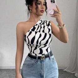 Selianne Women's Sexy Shoulder Asymmetrical Geometric Print Blouse, Summer New