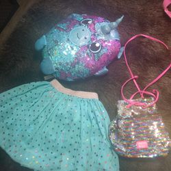 Girl's Tulle Skirt, Sequin Bag & Stuffed Animal Unicorn Toy