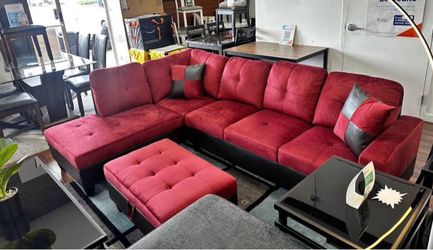 Red microfiber sectional couch and ottoman