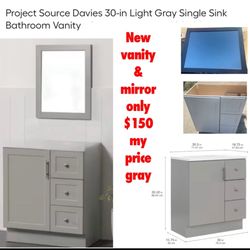 New out of box Project Source Davies 30-in Light Gray Bathroom Vanity & Mirror (top not included) $150 firm cash only pick up east Palmdale address wi