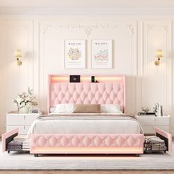 Full Size LED Bed Frame with 4 Storage Drawers & Charge Station, Modern Wingback Upholstered Platform Bed Frame, Pink Velvet