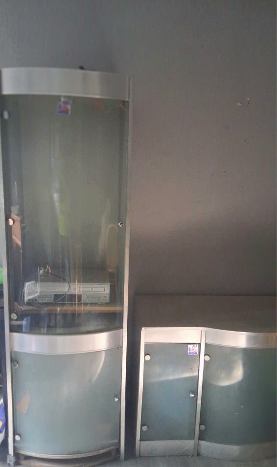 Two Piece Entertainment Center Stainless Steel Glass Doors With Light Fixtures