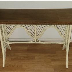 Antique Wicker and Wood Console Side Table