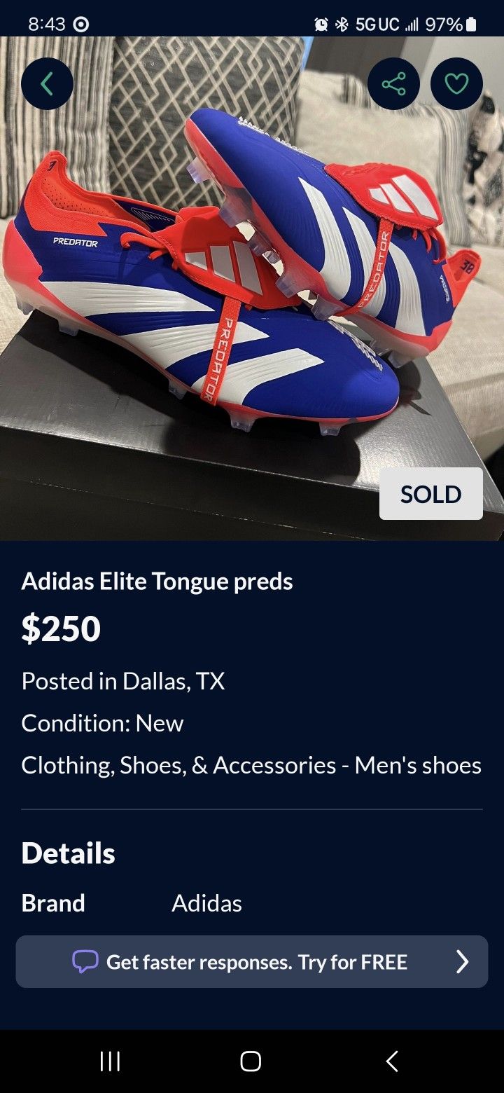 Adidas Predator Size 10men With Tounge 