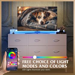 White LED TV Stand Dresser 9 Fabric Drawers With Charging Station 