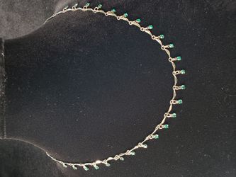 $20. Vintage green Austrian Crystal USA Dangle 16" Necklace with 25 tiny green Austrian crystals. Silver plated metal. Marked: Austrian Crystal USA.