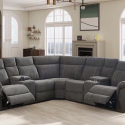 Gray Microfiber Fully Reclining Sectional Couch 