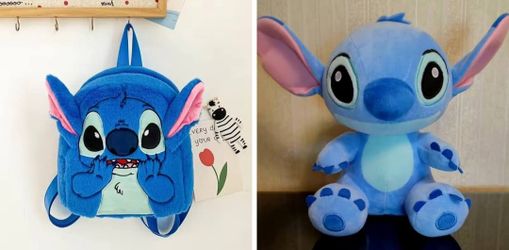 Disney Stitch Plush Backpack - Sky Blue Cartoon Design, Soft Polyester Material, Adjustable Straps,