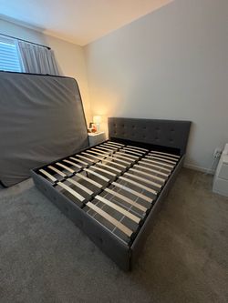 King Size Gray Upholstered Bed Frame with Tufted Headboard