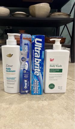 Dove 2 in 1 Shampoo + Conditioner, Eucalyptus + Mint Body Wash, Ultra Brite Toothpaste, Oral B Toothbrush